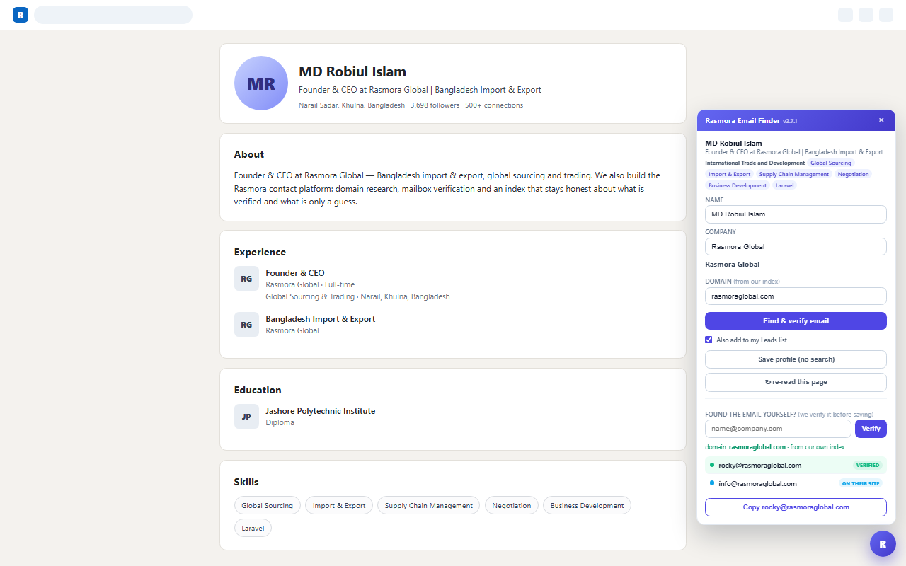 Rasmora Email Finder showing a verified email in the LinkedIn sidebar